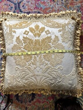 Gold Damask Decorative Throw Pillow with Tassel Trim